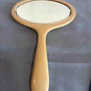 VINTAGE Ivory Py-ra-lin Handheld Vanity Mirror Celluloid #F31